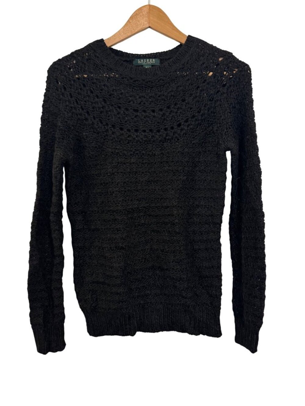 Lauren Ralph Lauren Black Petite Crochet Knit Sweater PM Alpaca Wool Blend